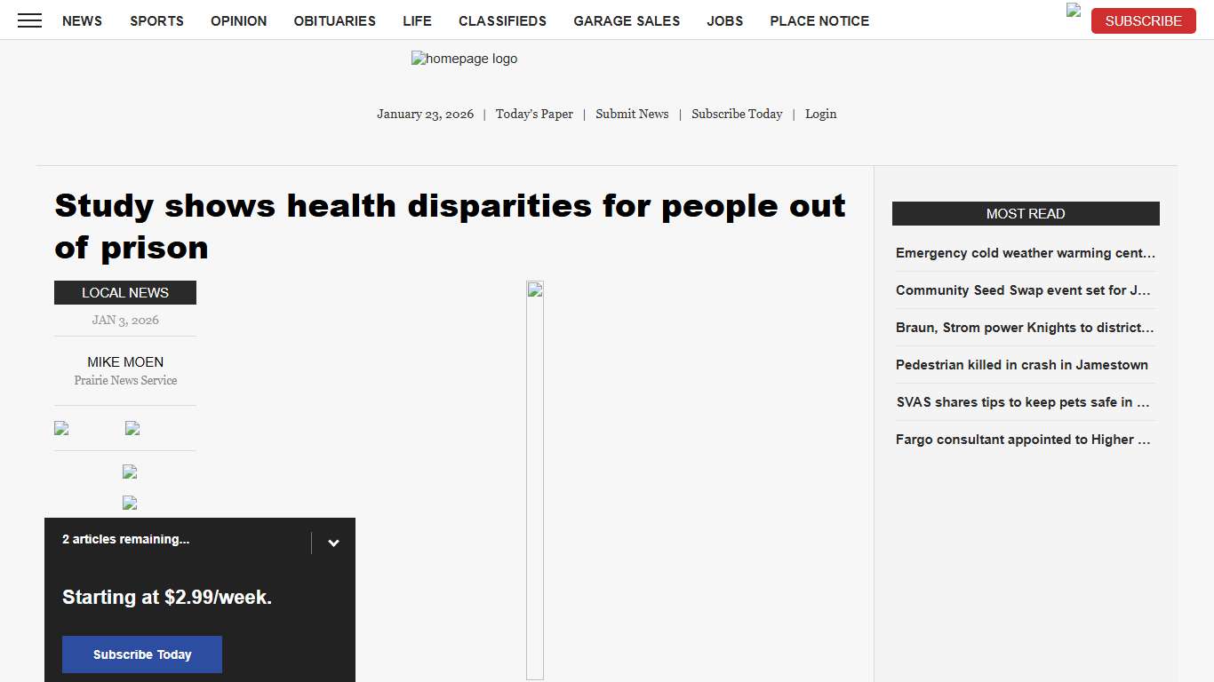 Study shows health disparities for people out of prison News, Sports, Jobs - Minot Daily News