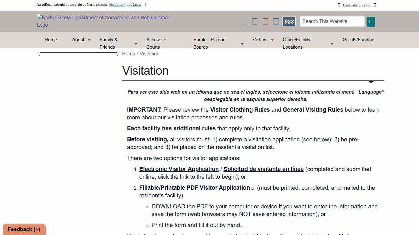 Visitation North Dakota Department of Corrections and Rehabilitation